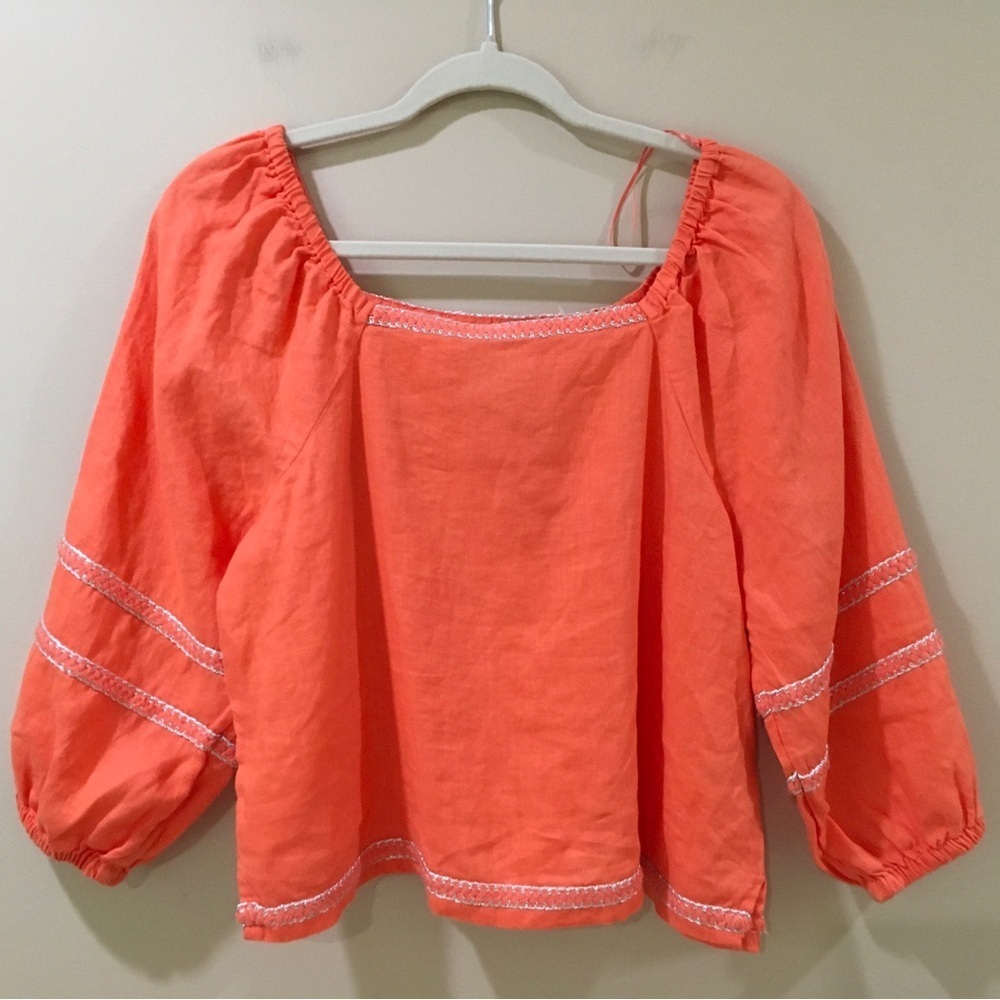 New Joie Shirt Women Size Small  Linen Cropped Balloon Sleeve Boho Orange
